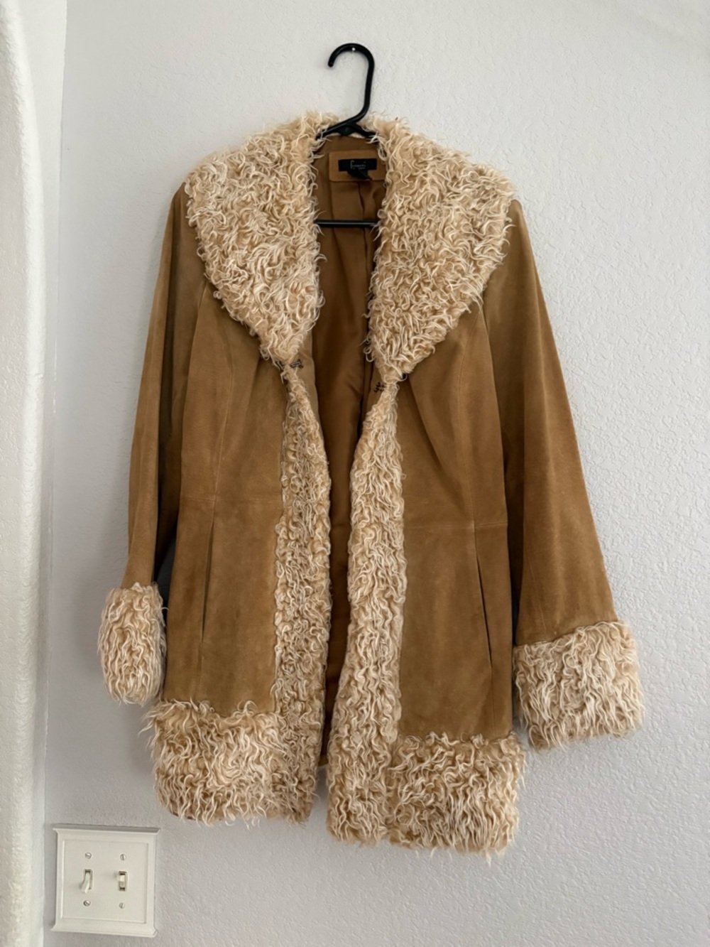 Frenchi Tan Suede Coat with Cream Shearling Trim